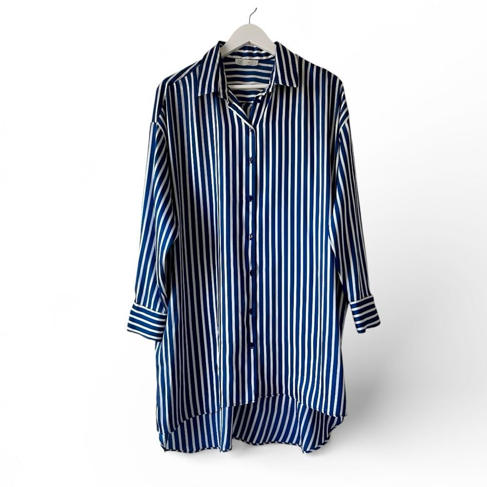 Zara trf  Blue and White Striped Satin Shirt Dress Womens M Casual Summer Comfy
